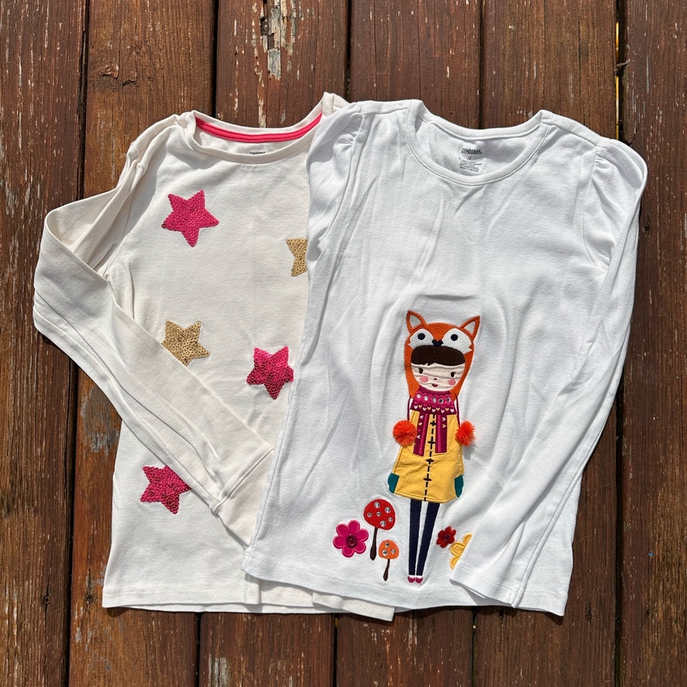 Gymboree White Shirts with Pink Stars and Fox Design